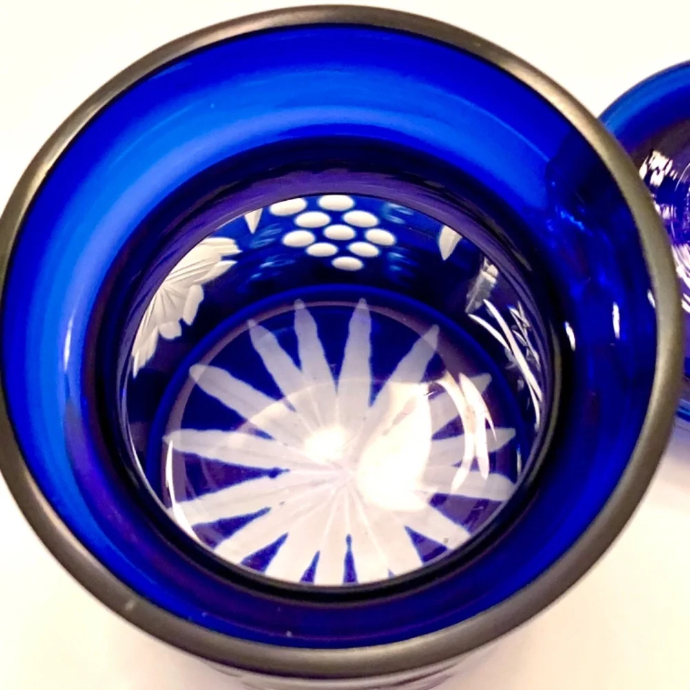 Vintage 1950s Cobalt Blue Crystal Cut Honey/Jam Jar with Lid